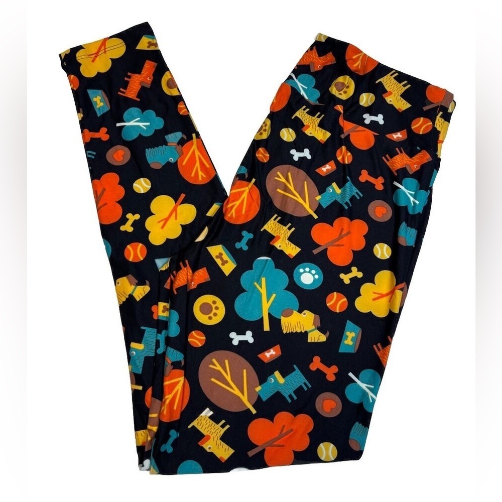 NWOT LuLaRoe Dog Lover Ball Bone Paw Print Leggings Black Orange Size OS (2-10)